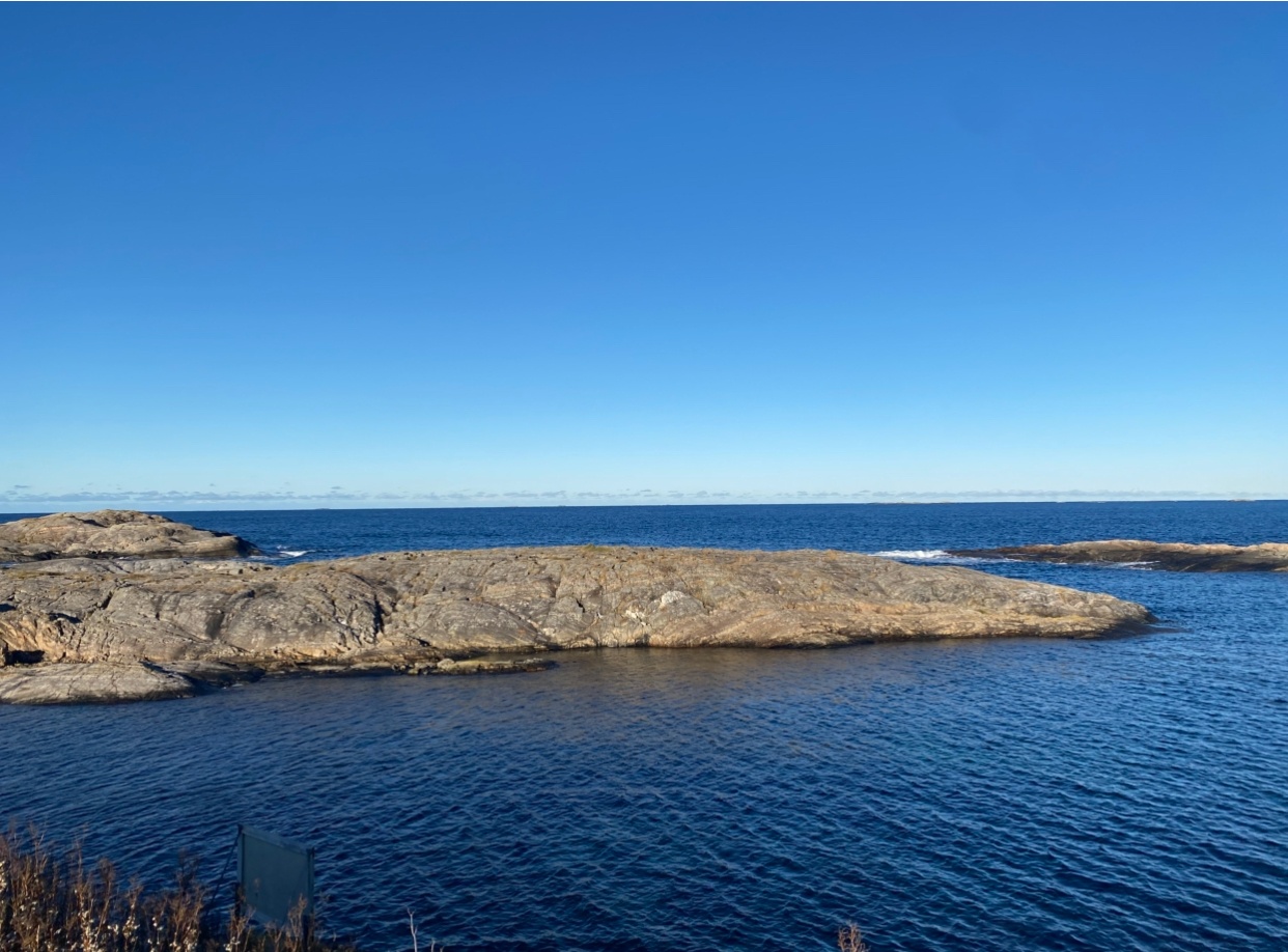 a person swimming in the ocean with a mountain in the background